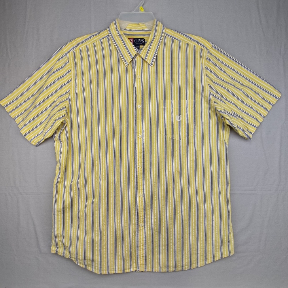 Chaps Button Down Shirt Mens XXL Yellow Striped Short‎ Sleeve Cotton Crest Logo